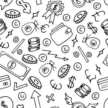 Hand drawn seamless pattern with business and finance elements. Investment... Stock Illustration
