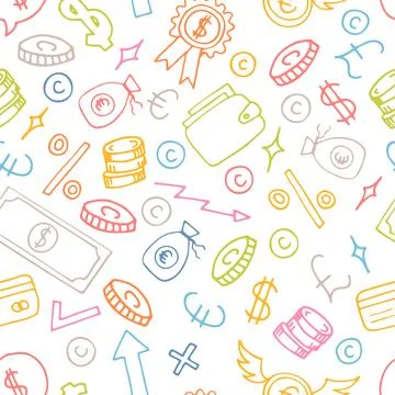 Hand drawn seamless pattern with business and finance elements. Investment... Stock Illustration