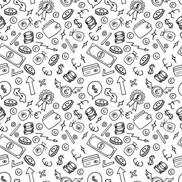 Hand drawn seamless pattern with business and finance elements. Investment... Stock Illustration