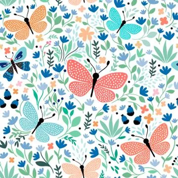 Hand drawn seamless pattern with butterflies and plants Stock Illustration