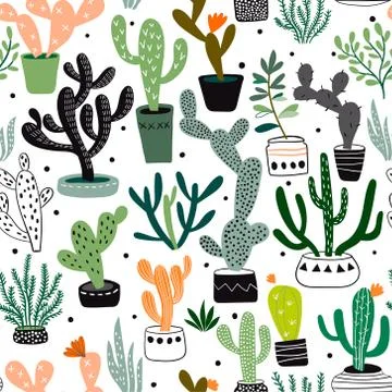 Hand drawn seamless pattern with cacti and succulents,vector design Stock Illustration