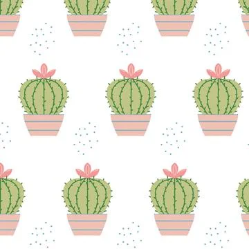 Hand-drawn seamless pattern with cactus in pot. Stock Illustration