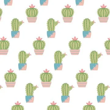 Hand-drawn seamless pattern with cactuses in pots. Illustrazione stock