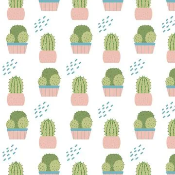 Hand-drawn seamless pattern with cactuses in pots. Stock Illustration