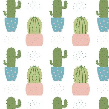 Hand-drawn seamless pattern with cactuses in pots. Stock Illustration