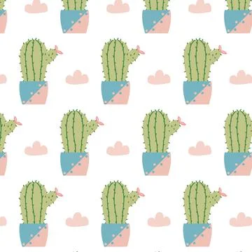Hand-drawn seamless pattern with cactuses in pots. Stock Illustration