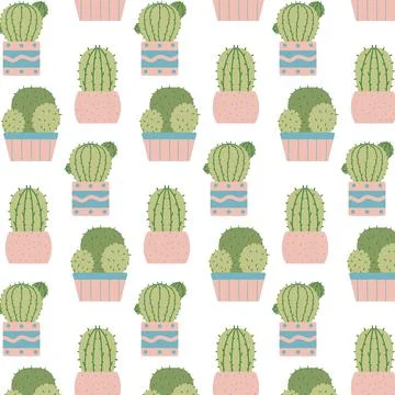 Hand-drawn seamless pattern with cactuses in pots. Stock Illustration