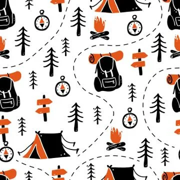 Hand drawn seamless pattern of camping equipment Stock Illustration