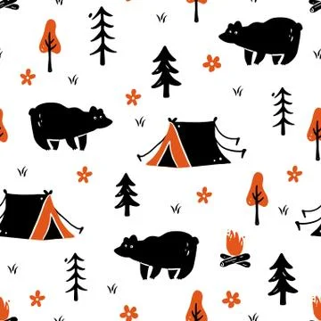 Hand drawn seamless pattern of camping equipment Stock Illustration