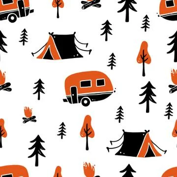Hand drawn seamless pattern of camping equipment Stock Illustration