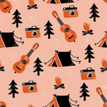 Hand drawn seamless pattern of camping equipment Stock Illustration