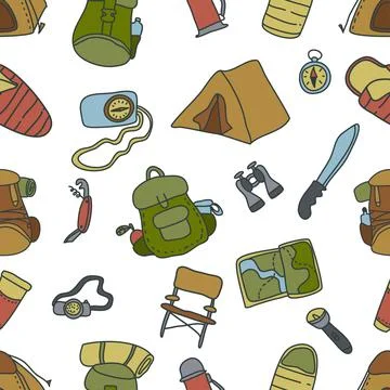 Hand drawn seamless pattern with camping equipment. Hiking, vacation Stock Illustration