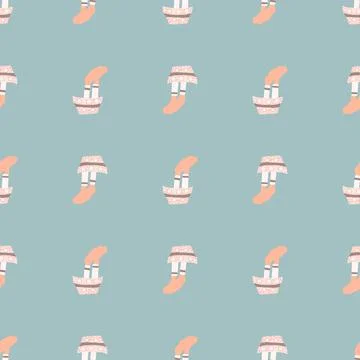 Hand drawn seamless pattern with cartoon steamship elements. Blue background. イラスト素材