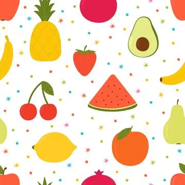 Hand drawn seamless pattern with cartoon fruits. Creative trendy background.. Stock Illustration
