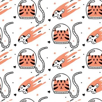 Hand-drawn seamless pattern with cat astronaut Stock Illustration