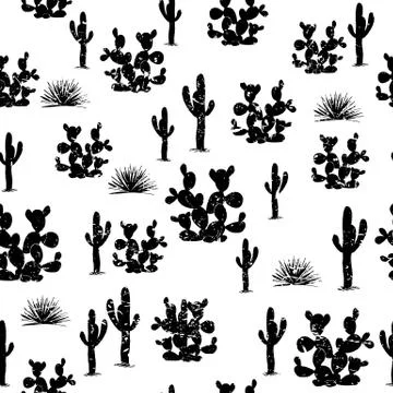 Hand drawn seamless pattern with ccati. Saguaro, agaves, and opuntia cactuses Stock Illustration