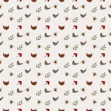 Hand drawn seamless pattern with chicken, mushroom, bug and plant. Cottagecore Stock Illustration