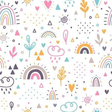 Hand drawn seamless pattern. Childish background with rainbows. Nursery des.. Stock Illustration