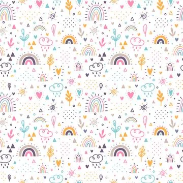 Hand drawn seamless pattern. Childish background with rainbows. Nursery des.. 스톡 일러스트