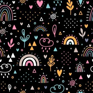 Hand drawn seamless pattern. Childish background with rainbows. Nursery des.. Stock Illustration