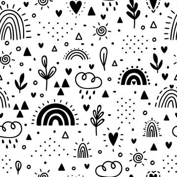 Hand drawn seamless pattern. Childish background with rainbows. Trendy text.. 스톡 일러스트