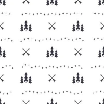Hand drawn seamless pattern with Christmas tree, arrows design elements. Xmas イラスト素材