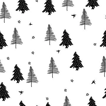 Hand drawn seamless pattern of Christmas trees. Holidays symbols. Abstract do Stock Illustration