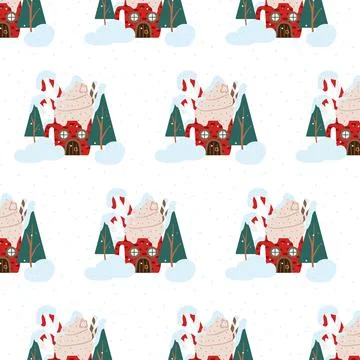 Hand-drawn seamless pattern with Christmas house Stock Illustration
