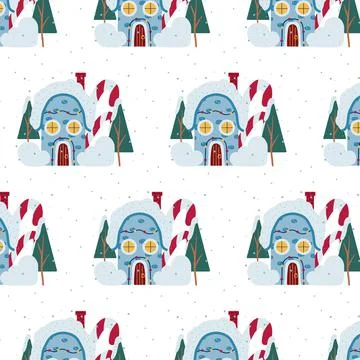 Hand-drawn seamless pattern with Christmas house. Stock Illustration