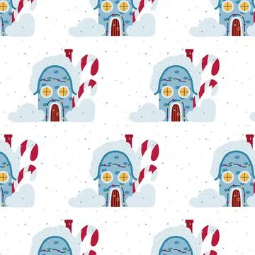 Hand-drawn seamless pattern with Christmas house. Stock Illustration