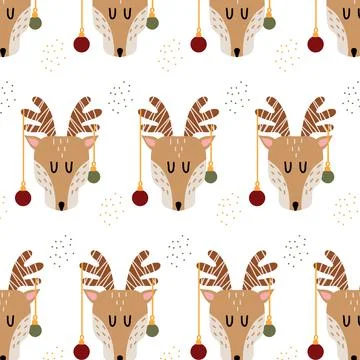 Hand drawn seamless pattern with Christmas deer. Stock Illustration