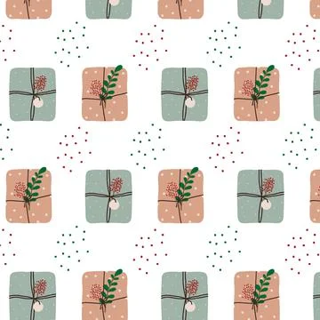 Hand-drawn seamless pattern with Christmas gifts Stock Illustration