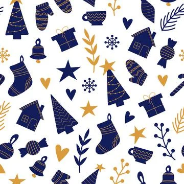Hand drawn seamless pattern with Christmas elements in blue and gold on white Illustrazione stock