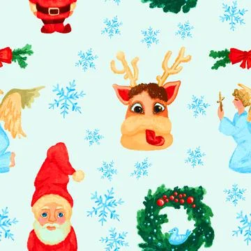 Hand drawn seamless pattern with Christmas characters and wreath on blue Stock Illustration