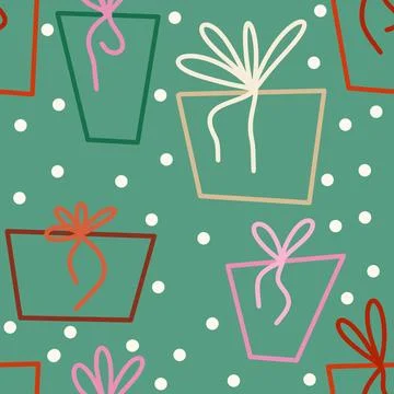 Hand drawn seamless pattern with Christmas new year gift present boxes on green Illustrazione stock