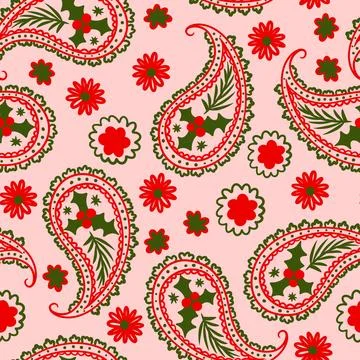 Hand drawn seamless pattern with Christmas winter elements in red green pink 스톡 일러스트