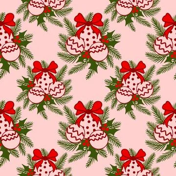 Hand drawn seamless pattern with Christmas winter elements in red green pink Stock Illustration