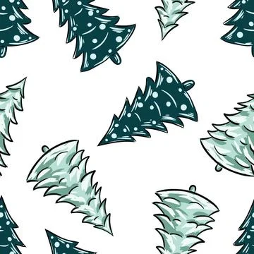 Hand drawn seamless pattern of Christmas trees on a white background Stock Illustration