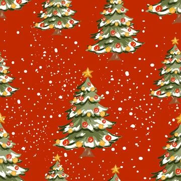 Hand drawn seamless pattern Christmas trees with snow on a festive red Stock-Illustration