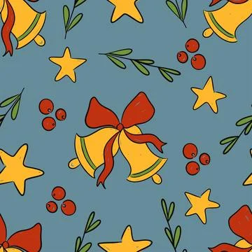 Hand drawn seamless pattern Christmas holiday decorative bells, stars, and Stock Illustration