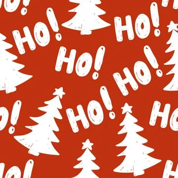 Hand drawn seamless pattern of Christmas trees and festive words ho on a vibrant Stock Illustration