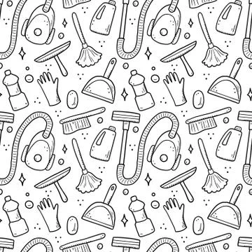 Hand drawn seamless pattern of cleaning equipments Stock Illustration