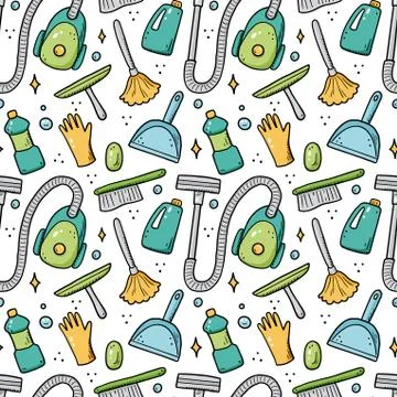 Hand drawn seamless pattern of cleaning equipments Stock Illustration