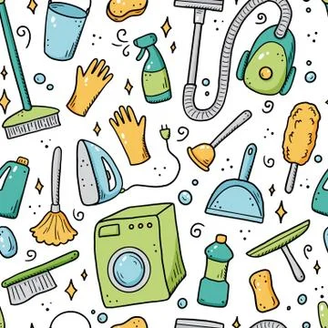 Hand drawn seamless pattern of cleaning equipments Stock Illustration
