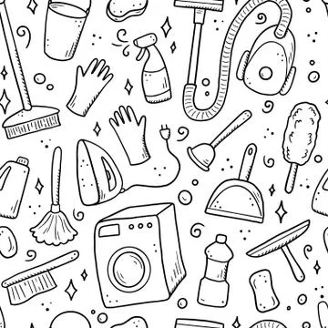 Hand drawn seamless pattern of cleaning equipments Stock Illustration