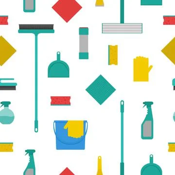 Hand drawn seamless pattern with cleaning tools. Means to maintain cleanliness Stock Illustration