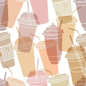 Hand drawn seamless pattern with coffee cups various shapes with drinking str Stock Illustration