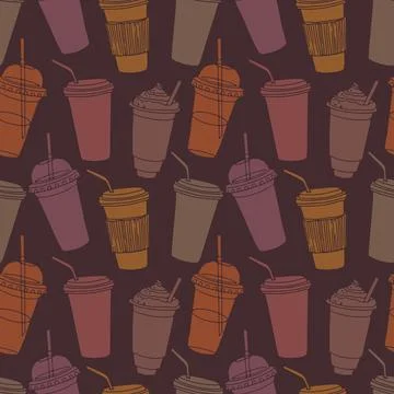Hand drawn seamless pattern with coffee cups various shapes with drinking str Stock Illustration