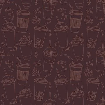 Hand drawn seamless pattern with coffee cups various shapes with drinking s.. Stock Illustration