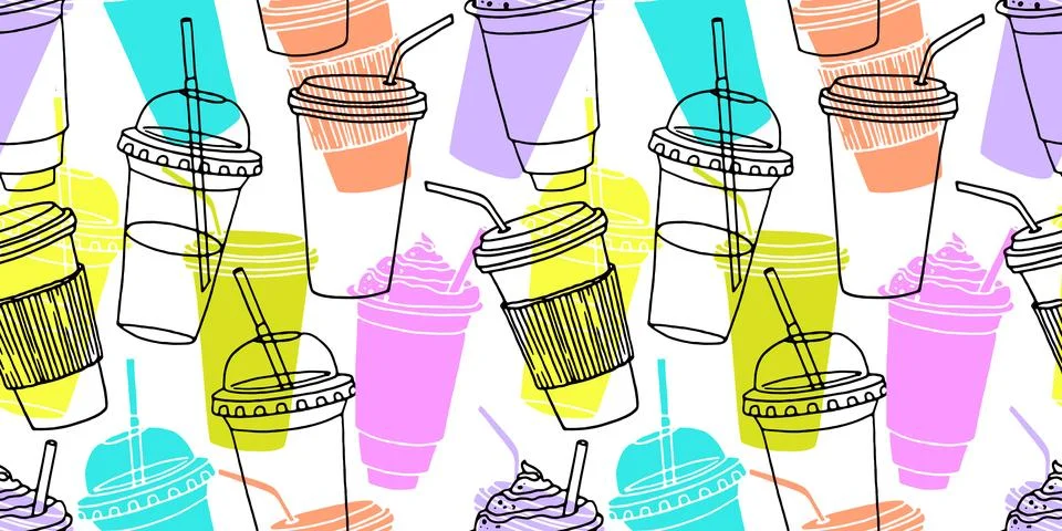 Hand drawn seamless pattern with coffee cups various shapes with drinking str Stock Illustration